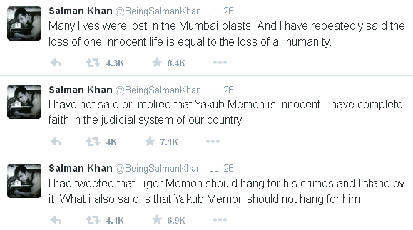 Salman Khan tweets about Yakub memon