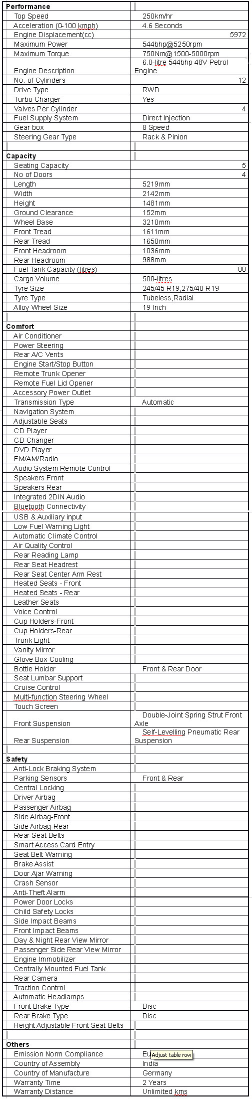 BMW 7 series specifications