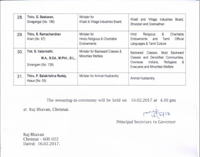 Edappadi K Palaniswami Cabinet List