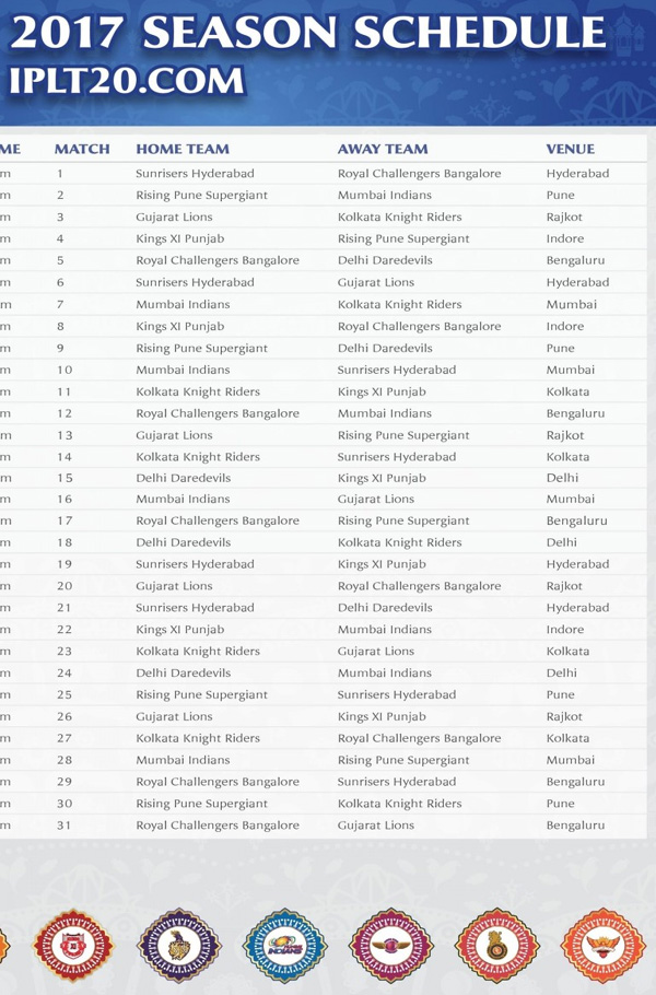 IPL Season 10 Schedule