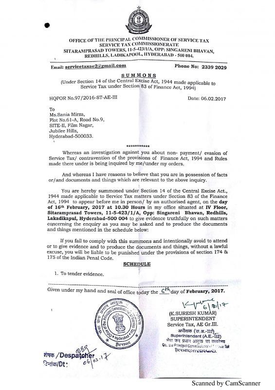 Sania Mirza Service Tax Evasion Notice
