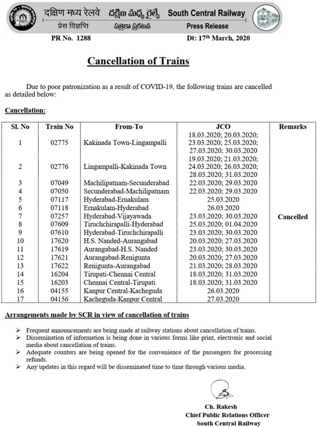 South Central Railway Trains Cancel