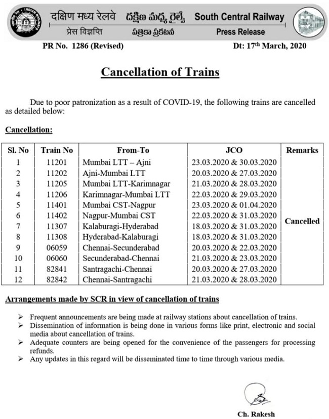 South Central Railway Trains Cancel
