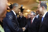 US, Kerry, obama shakes hands with cuban president raul castro, Obama