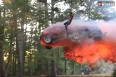 man jumps from car in air, man jumps from fire car, viral man jumps out of car in the air, Jumps